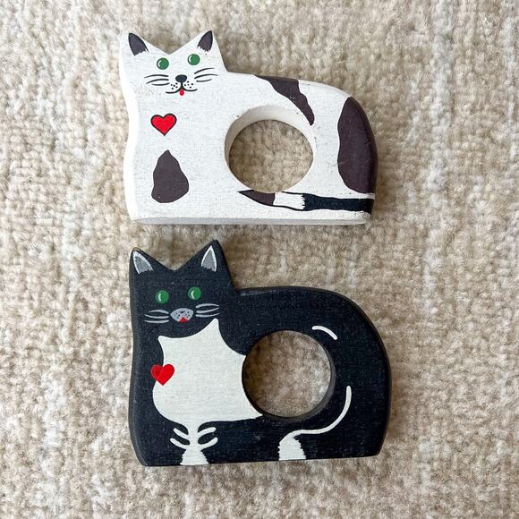 Vintage Other - Pair Vintage Wooden Cat Black White Red Heart Napkin Holders Cottagecore Cute